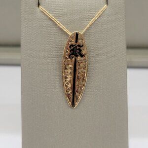 Surfboard Shaped Pendant with "K" Initial in Black Enamel, 14kt Yellow Gold